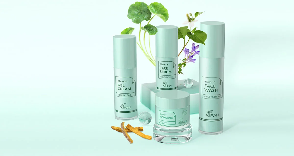 Xiran skincare products including gel cream, face serum, face wash, and moisturizer displayed with natural herbs and plants.
